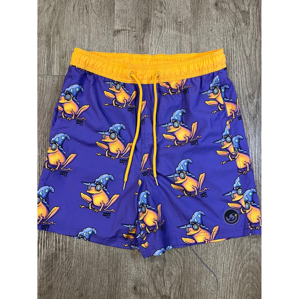 Neff Mens Wizard Frog Swim Trunks Purple Yellow Graphic Board Shorts Medium